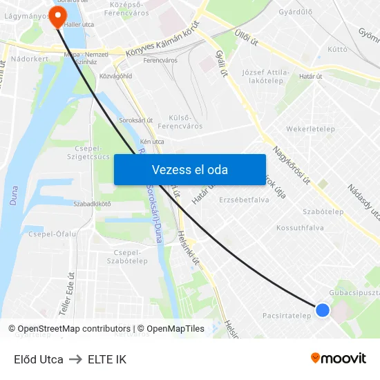 Előd Utca to ELTE IK map