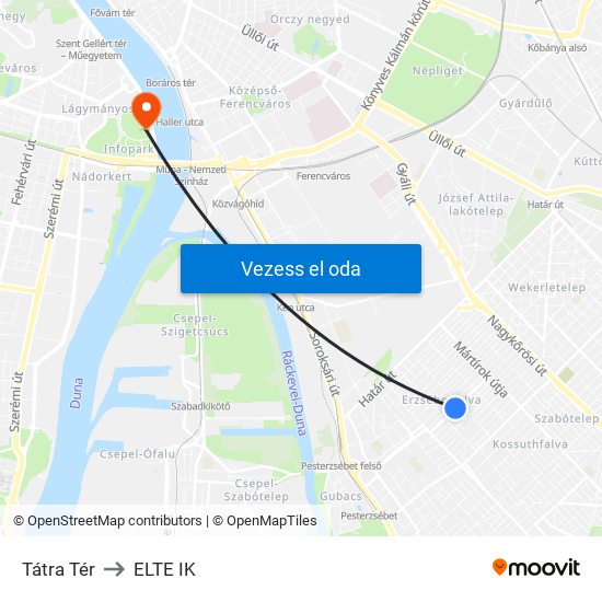 Tátra Tér to ELTE IK map