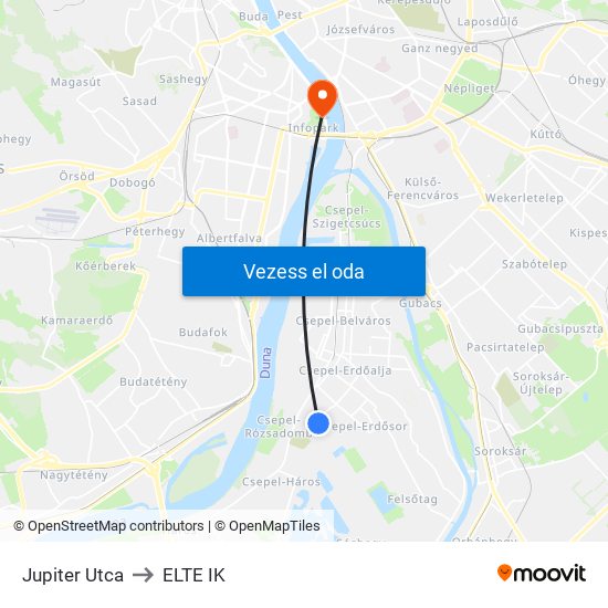 Jupiter Utca to ELTE IK map