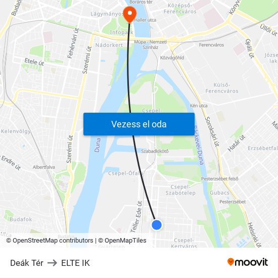 Deák Tér to ELTE IK map