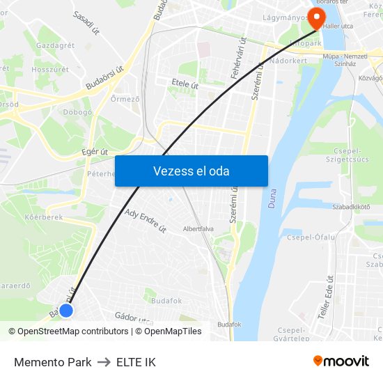 Memento Park to ELTE IK map