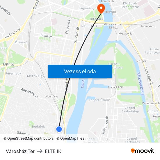 Városház Tér to ELTE IK map