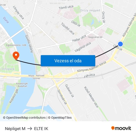 Népliget M to ELTE IK map