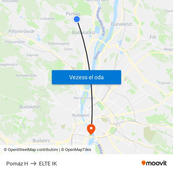 Pomáz H to ELTE IK map