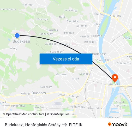 Budakeszi, Honfoglalás Sétány to ELTE IK map