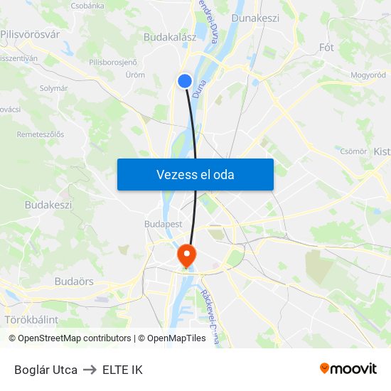 Boglár Utca to ELTE IK map