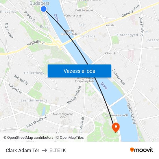 Clark Ádám Tér to ELTE IK map