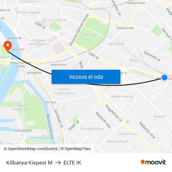 Kőbánya-Kispest M to ELTE IK map