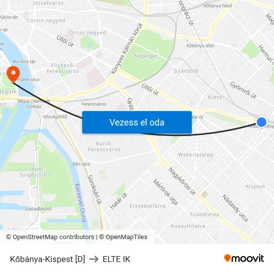 Kőbánya-Kispest [D] to ELTE IK map