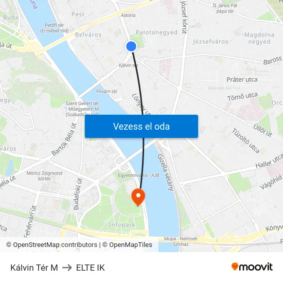 Kálvin Tér M to ELTE IK map