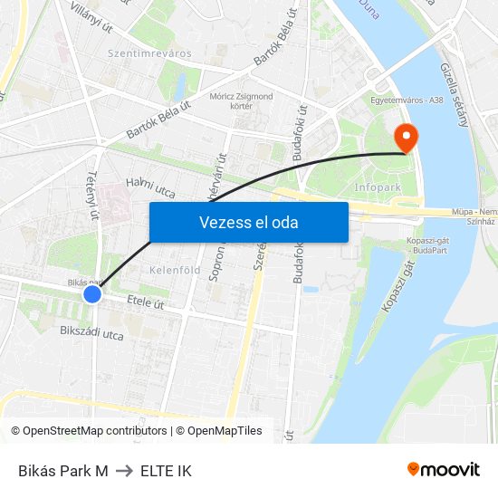 Bikás Park M to ELTE IK map