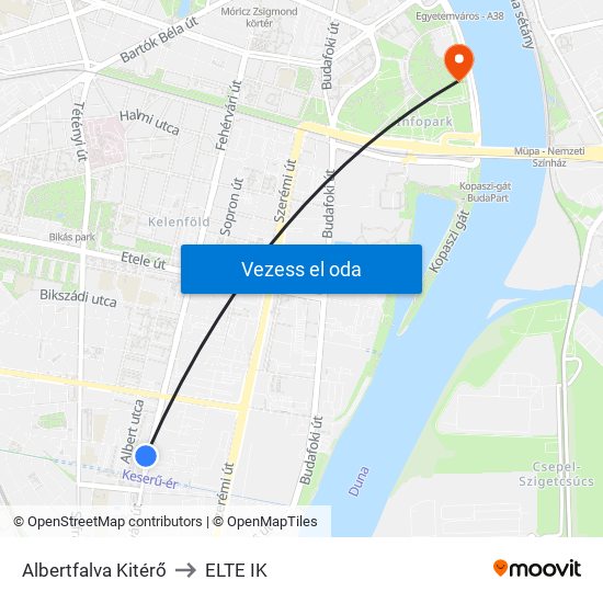 Albertfalva Kitérő to ELTE IK map