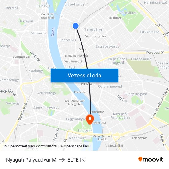 Nyugati Pályaudvar M to ELTE IK map