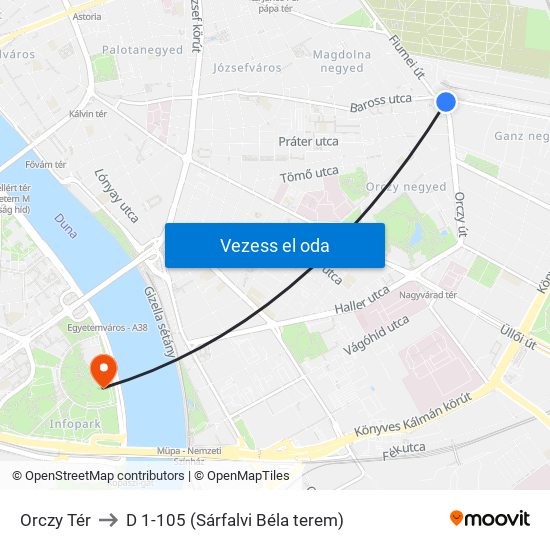 Orczy Tér to D 1-105 (Sárfalvi Béla terem) map