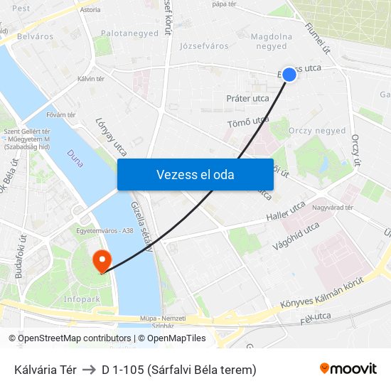 Kálvária Tér to D 1-105 (Sárfalvi Béla terem) map