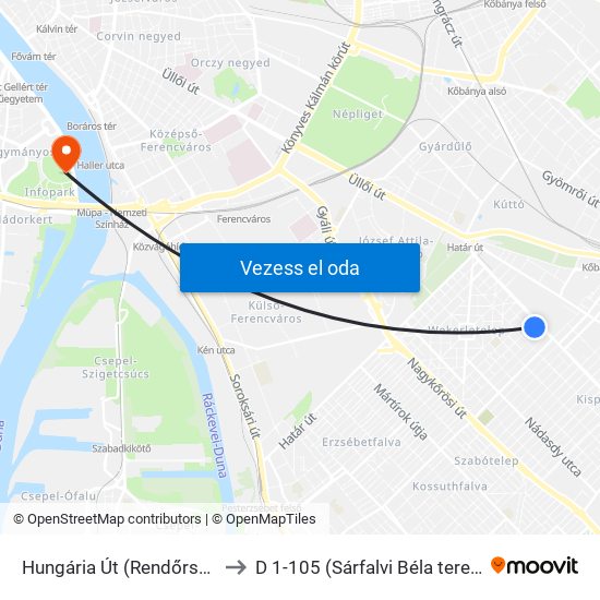 Hungária Út (Rendőrség) to D 1-105 (Sárfalvi Béla terem) map