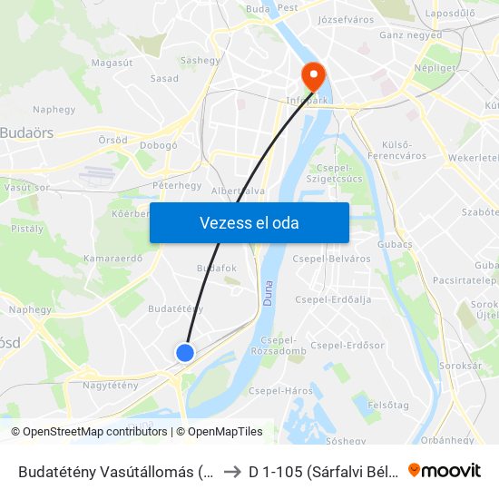 Budatétény Vasútállomás (Campona) to D 1-105 (Sárfalvi Béla terem) map