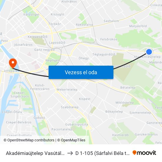 Akadémiaújtelep Vasútállomás to D 1-105 (Sárfalvi Béla terem) map