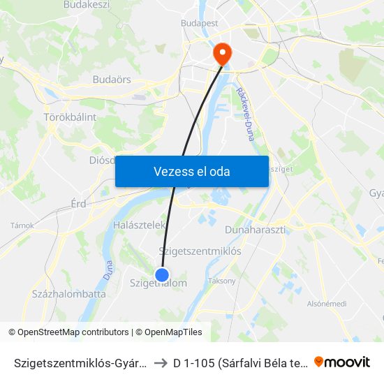 Szigetszentmiklós-Gyártelep to D 1-105 (Sárfalvi Béla terem) map