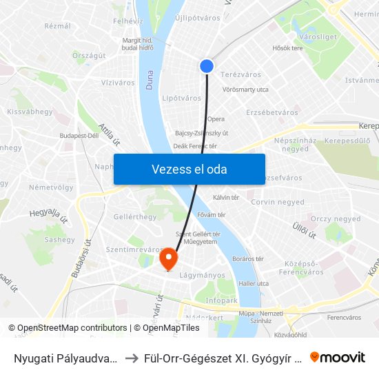 Nyugati Pályaudvar M to Fül-Orr-Gégészet XI. Gyógyír Kht. map