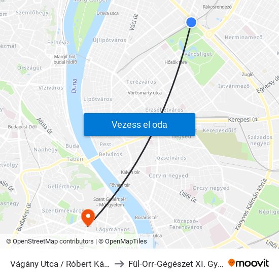 Vágány Utca / Róbert Károly Körút to Fül-Orr-Gégészet XI. Gyógyír Kht. map