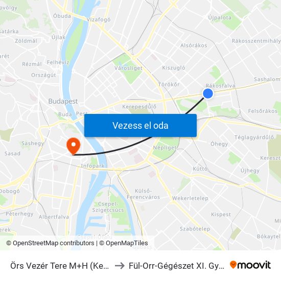 Örs Vezér Tere M+H (Kerepesi Út) to Fül-Orr-Gégészet XI. Gyógyír Kht. map