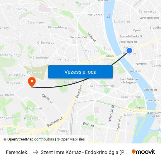 Ferenciek Tere M to Szent Imre Kórház - Endokrinológia (Pajzsmirigy Ambulancia) map