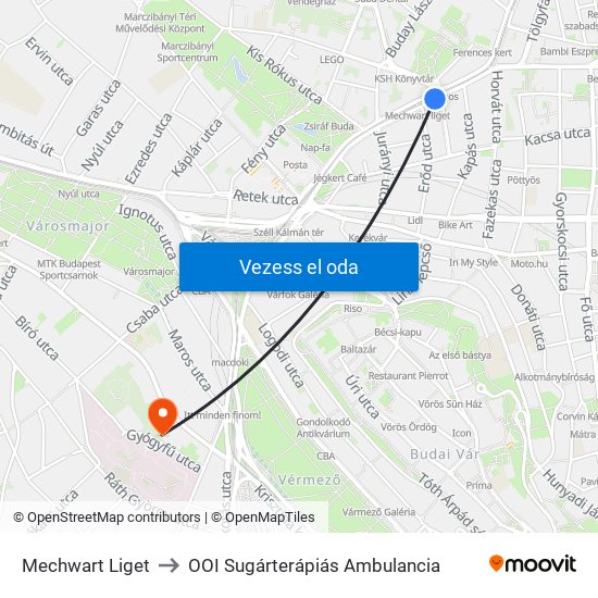 Mechwart Liget to OOI Sugárterápiás Ambulancia map