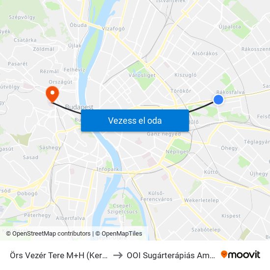 Örs Vezér Tere M+H (Kerepesi Út) to OOI Sugárterápiás Ambulancia map