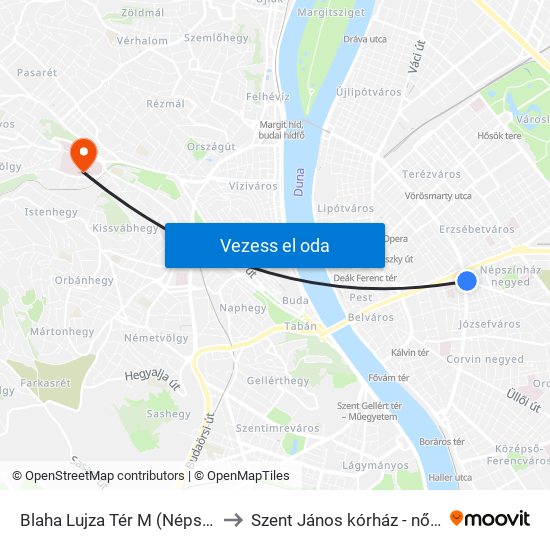 Blaha Lujza Tér M (Népszínház Utca) to Szent János kórház - nőgyógyászat map