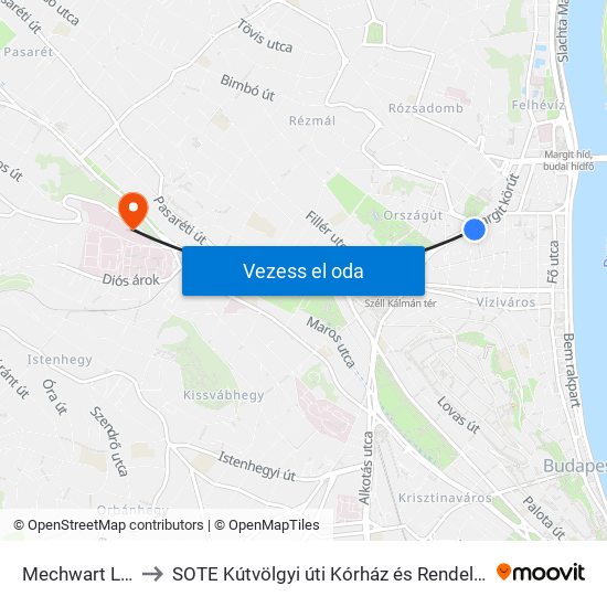 Mechwart Liget to SOTE Kútvölgyi úti Kórház és Rendelőintézet map