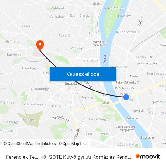 Ferenciek Tere M to SOTE Kútvölgyi úti Kórház és Rendelőintézet map