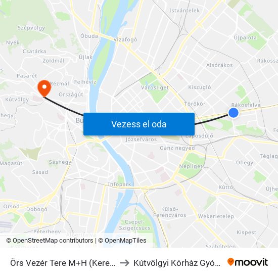 Örs Vezér Tere M+H (Kerepesi Út) to Kútvölgyi Kórhàz Gyógytorna map