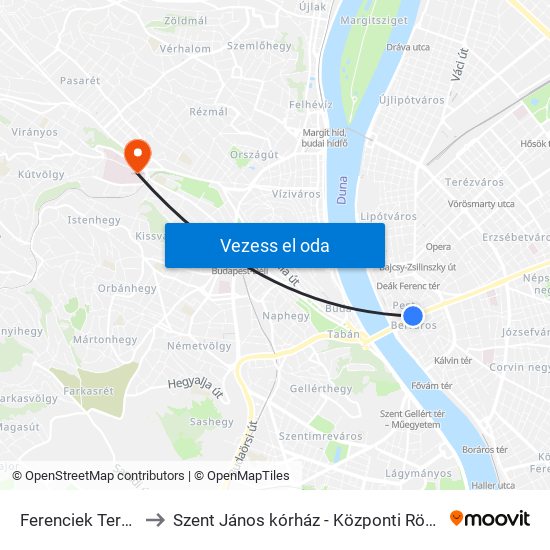 Ferenciek Tere M to Szent János kórház - Központi Röntgen map