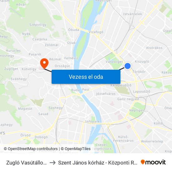 Zugló Vasútállomás to Szent János kórház - Központi Röntgen map