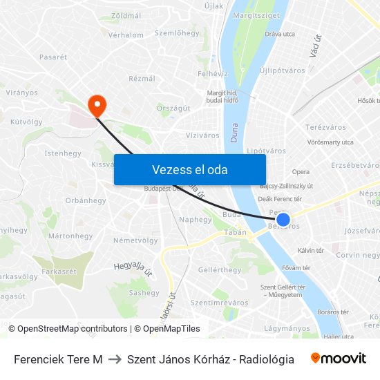 Ferenciek Tere M to Szent János Kórház - Radiológia map