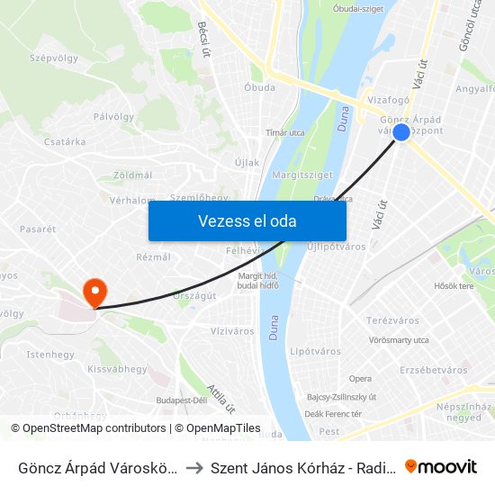 Göncz Árpád Városközpont to Szent János Kórház - Radiológia map