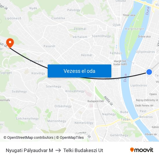 Nyugati Pályaudvar M to Telki Budakeszi Ut map