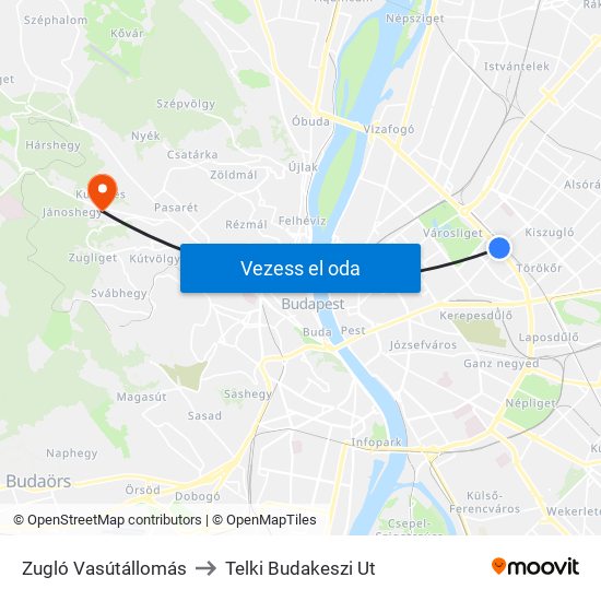 Zugló Vasútállomás to Telki Budakeszi Ut map