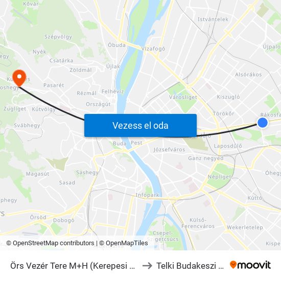 Örs Vezér Tere M+H (Kerepesi Út) to Telki Budakeszi Ut map