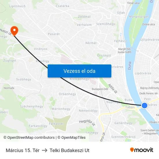 Március 15. Tér to Telki Budakeszi Ut map