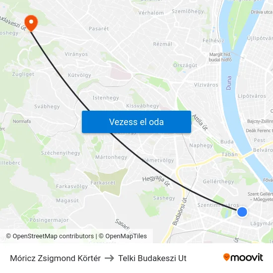 Móricz Zsigmond Körtér to Telki Budakeszi Ut map