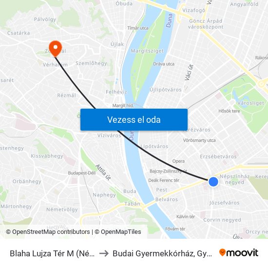 Blaha Lujza Tér M (Népszínház Utca) to Budai Gyermekkórház, Gyermekpszichiátria map