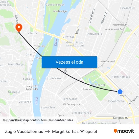 Zugló Vasútállomás to Margit kórház "A" épület map