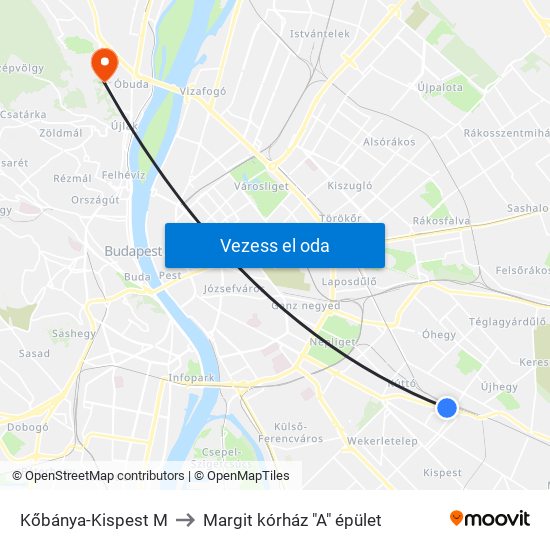 Kőbánya-Kispest M to Margit kórház "A" épület map