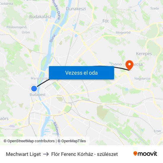 Mechwart Liget to Flór Ferenc Kórház - szülészet map