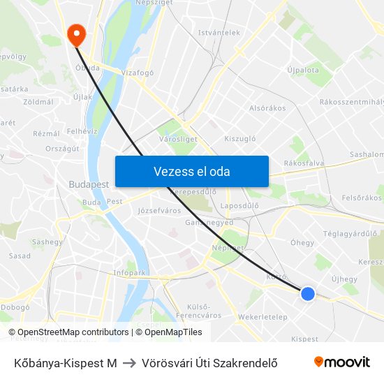 Kőbánya-Kispest M to Vörösvári Úti Szakrendelő map