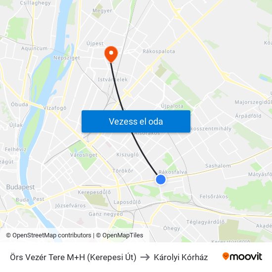 Örs Vezér Tere M+H (Kerepesi Út) to Károlyi Kórház map