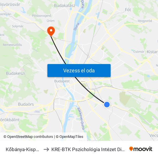 Kőbánya-Kispest M to KRE-BTK Pszichológia Intézet Diákpihenő map