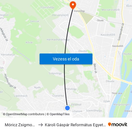 Móricz Zsigmond Gimnázium to Károli Gáspár Református Egyetem Pszichológiai Intézet map